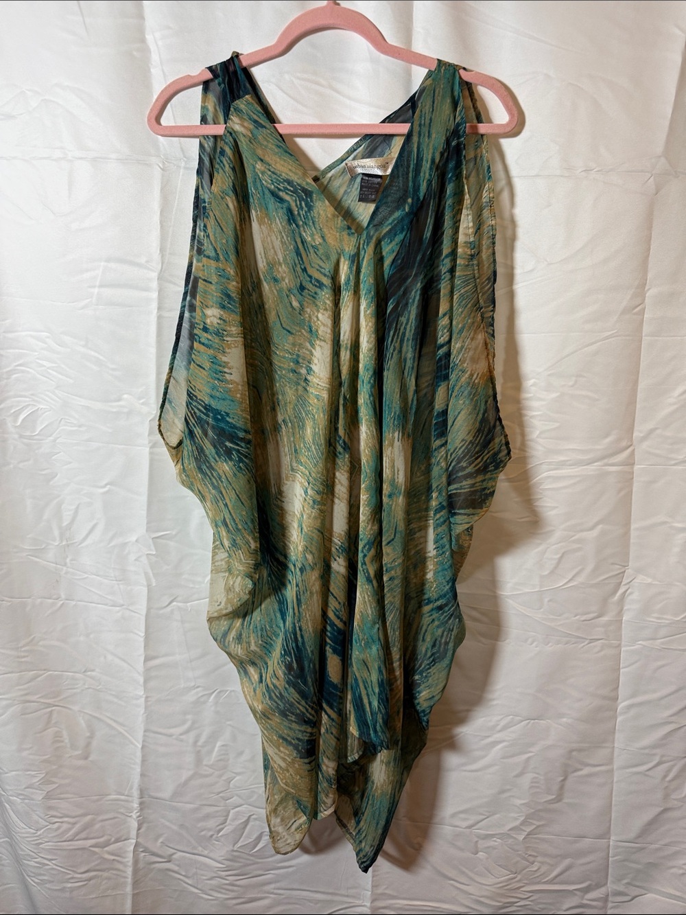 Sheer Flowing Tunic in Teal and Olive Brushstroke Print swimsuit cover-up